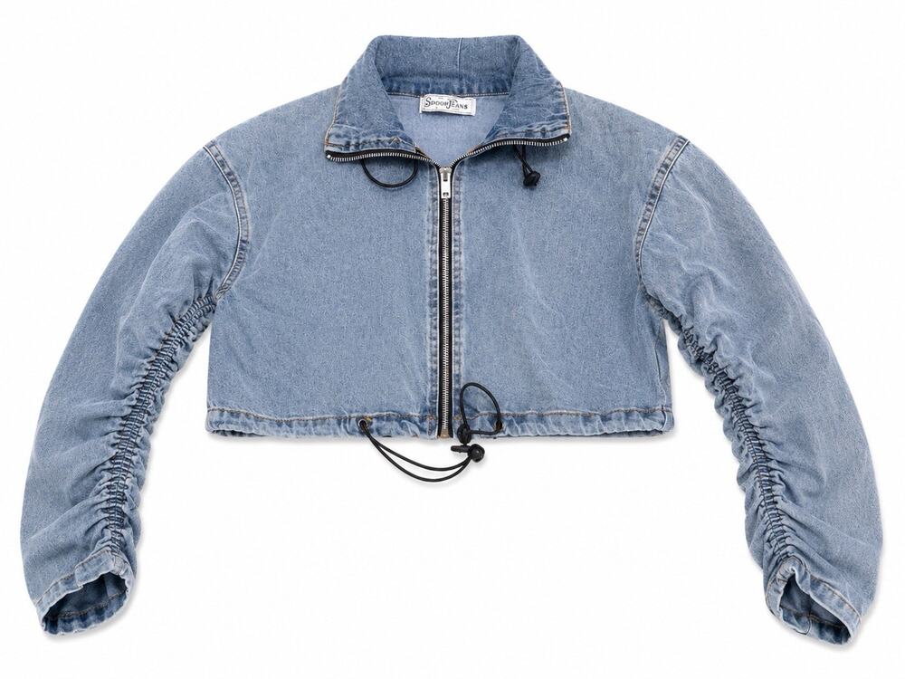 Spoon Jeans Womens Small Cropped Denim Zip Jacket Light Wash Ruched Sleeves